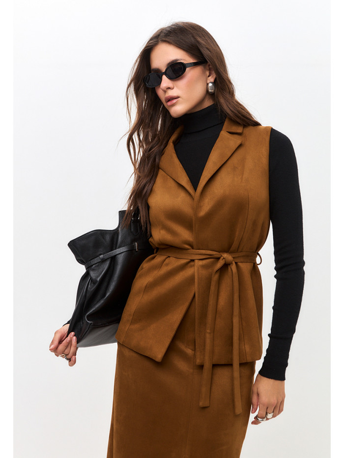 Комплект жилет и юбка женский горчичного цвета КД-04