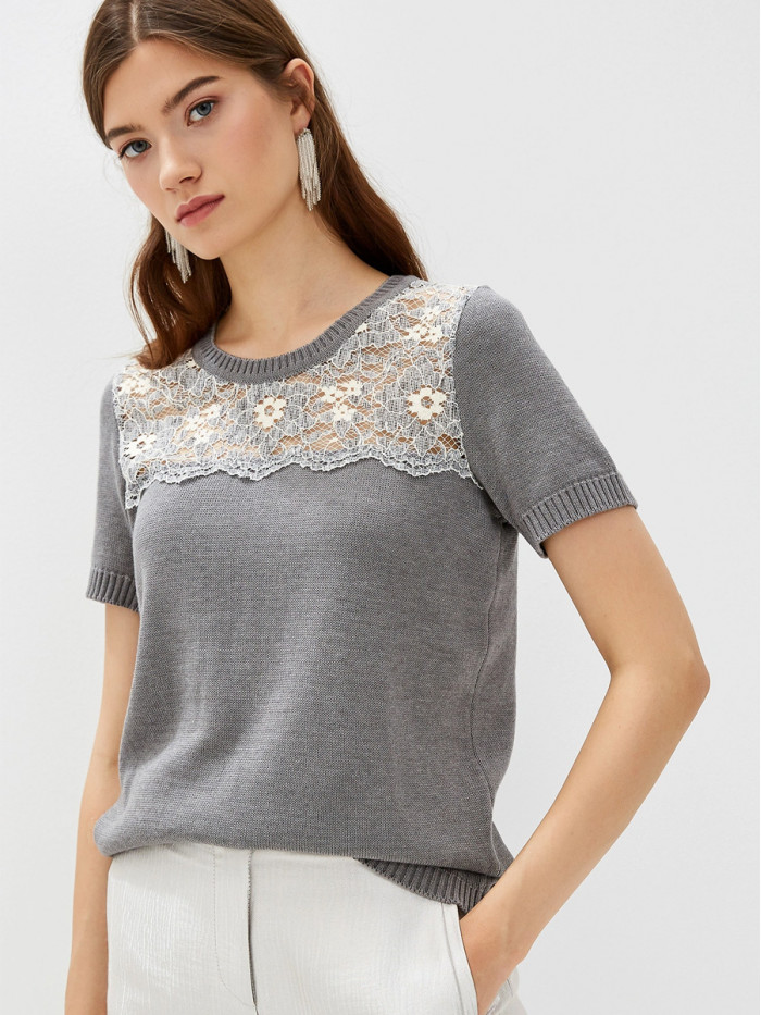 Легкий летний джемпер с кружевом серого цвета ВТЛ-16