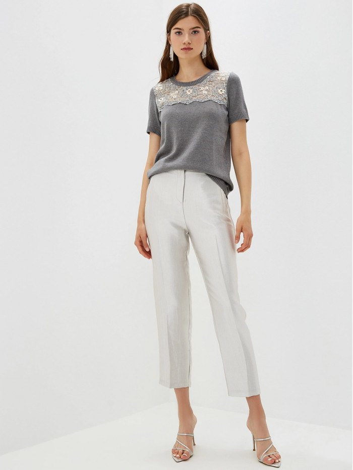 Легкий летний джемпер с кружевом серого цвета ВТЛ-16