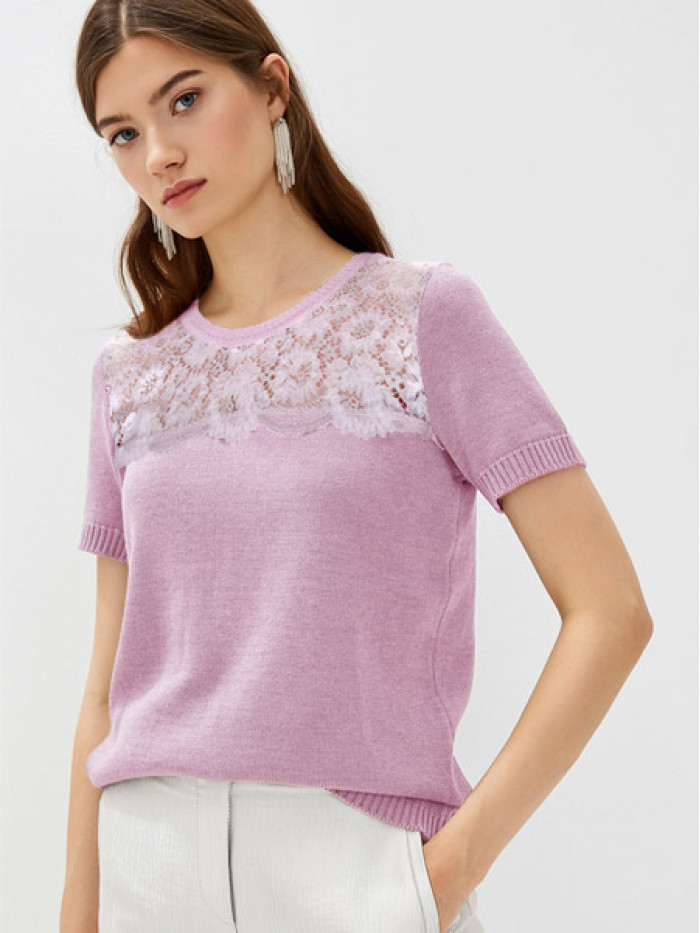 Легкий летний джемпер с кружевом светло-розового цвета ВТЛ-16