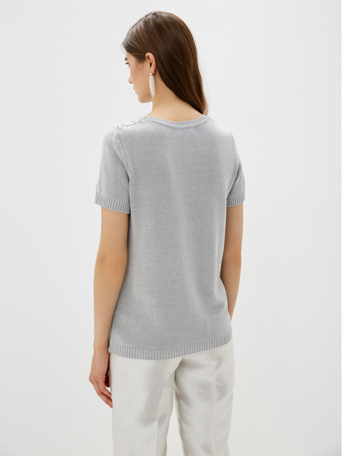 Легкий летний джемпер с кружевом светло-серого цвета ВТЛ-16