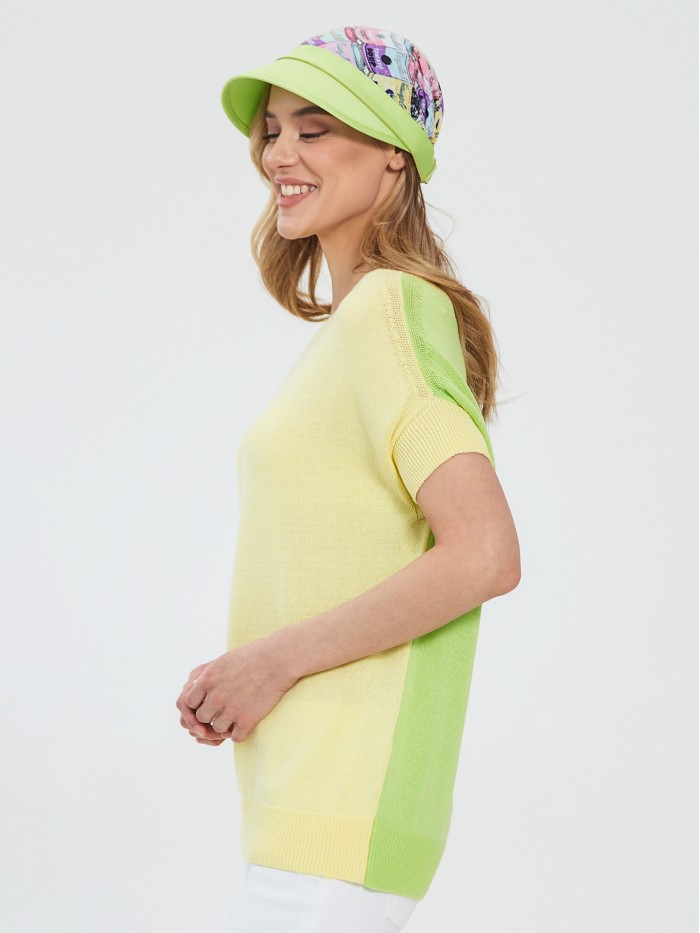 Легкий удлиненный джемпер с кружевом и коротким рукавом лимонного-ярко-зеленого цвета ВТЛ-46