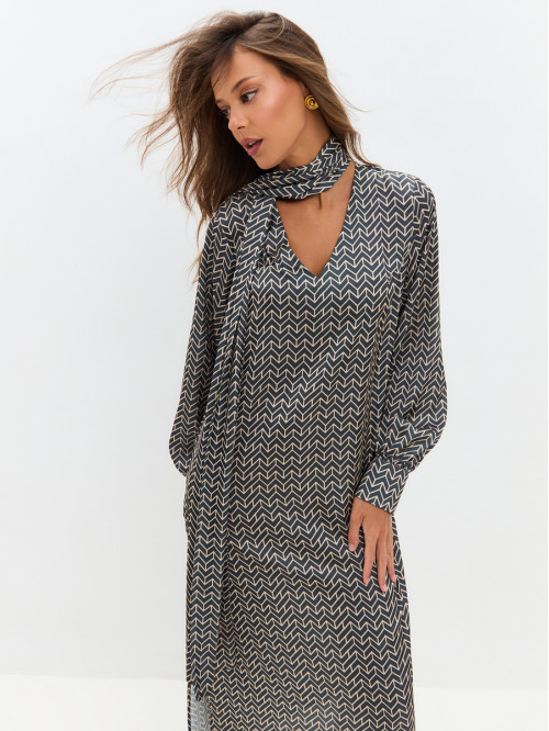 Платье с шарфом темно-серо-...