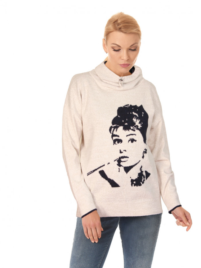 Лонглив женский с принтом кремового и темно-синего цвета ВТД-34/1