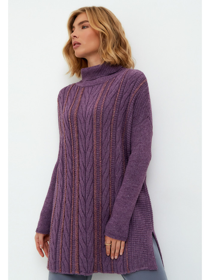 Женский удлиненный джемпер с разрезами сиреневого цвета ВТД-44