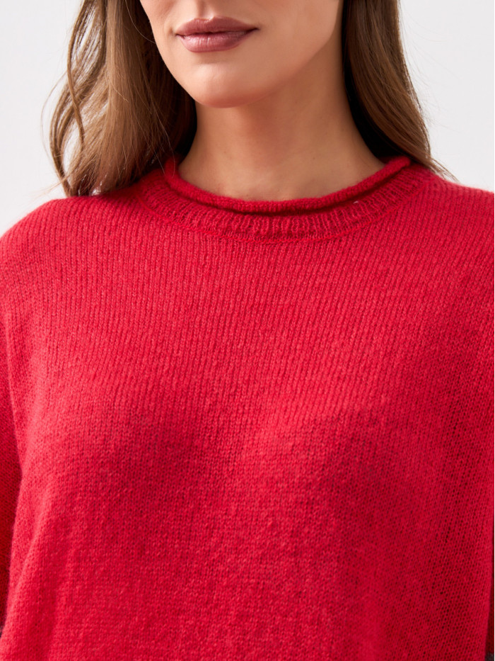 Легкий женский джемпер с полосатыми рукавами красного цвета ВТД-61