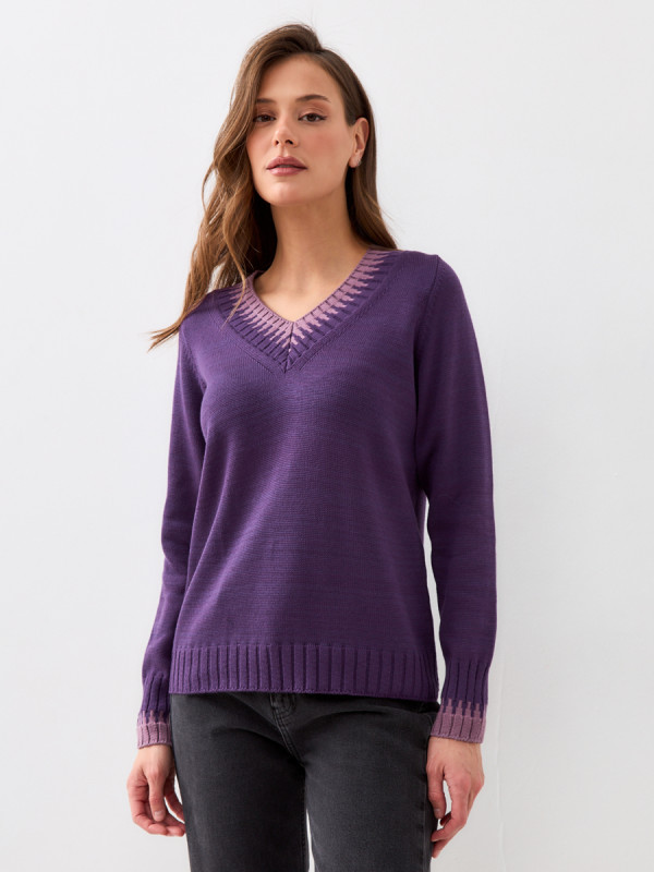 Джемпер с V-образным вырезом темно-фиолетового цвета ВТД-75