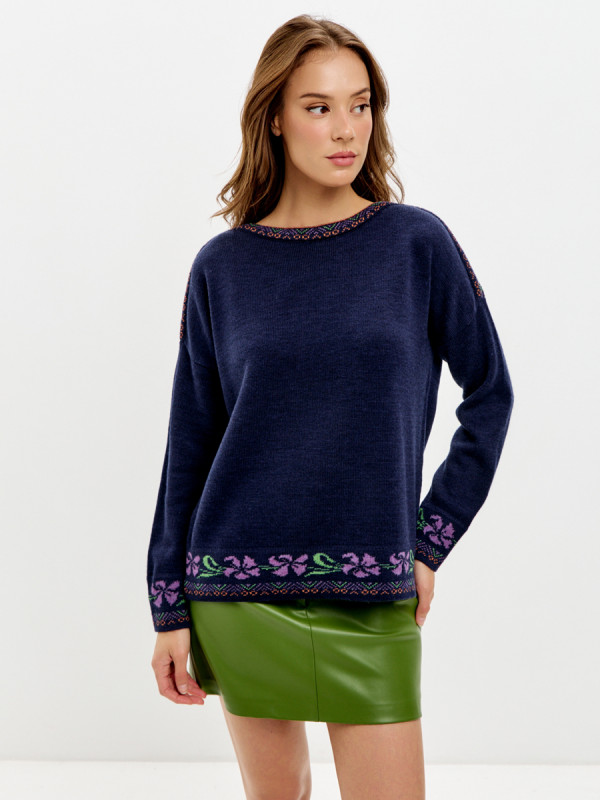 Джемпер  с оригинальным рисунком цвет темно-синий ВТД-82