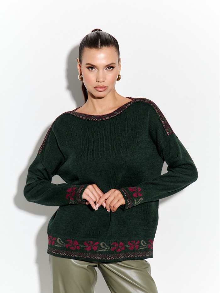 Джемпер с оригинальным рисунком цвет темно-зеленый ВТД-82