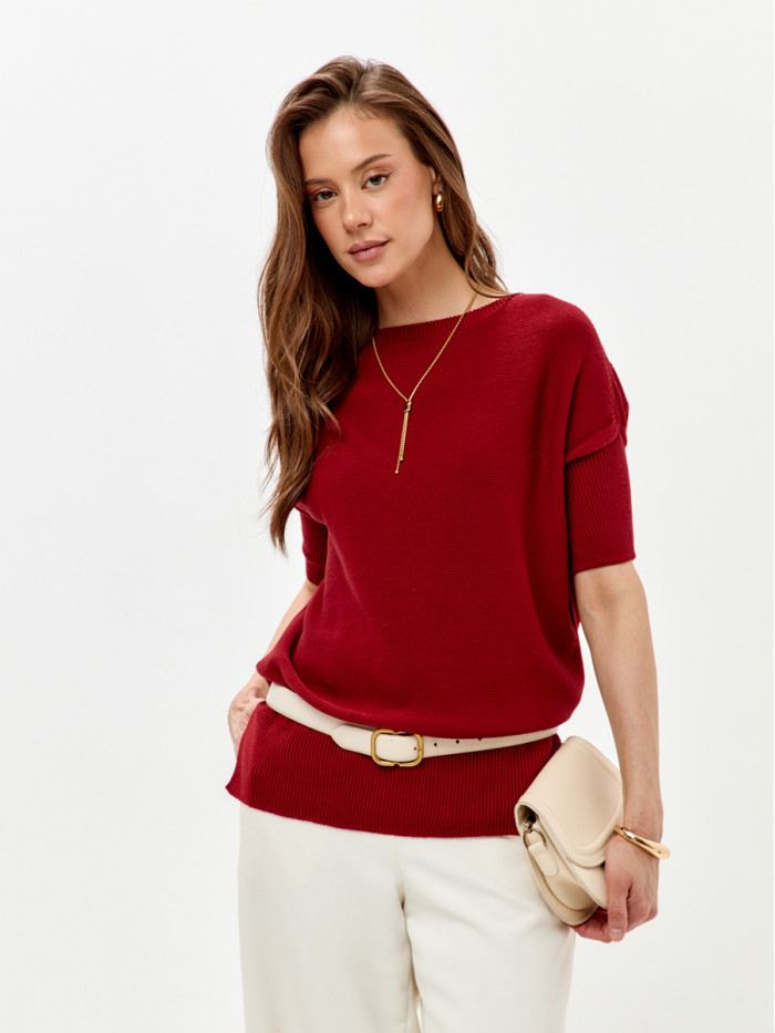 Джемпер легкий с коротким рукавом вишневого цвета ВТЛ-02А