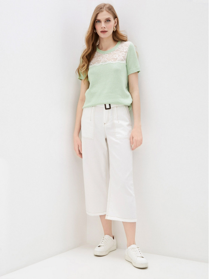 Легкий летний джемпер с кружевом салатового цвета ВТЛ-16