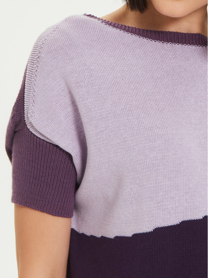 Джемпер с коротким рукавом цветовых вставок аметистового-светло-сиреневого-фиолетового цвета ВТЛ-17