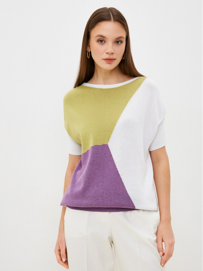 Джемпер с коротким рукавом цвета белого-оливкового-ярко-сиреневого ВТЛ-17