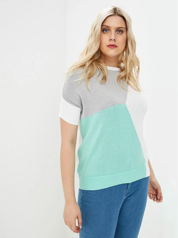 Джемпер с коротким рукавом и цветовыми вставками белого, светло-серого и мятного цвета ВТЛ-17