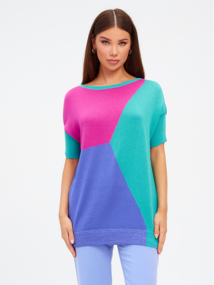 Джемпер с коротким рукавом бирюзового, фуксия, синего и лилового цвета ВТЛ-17