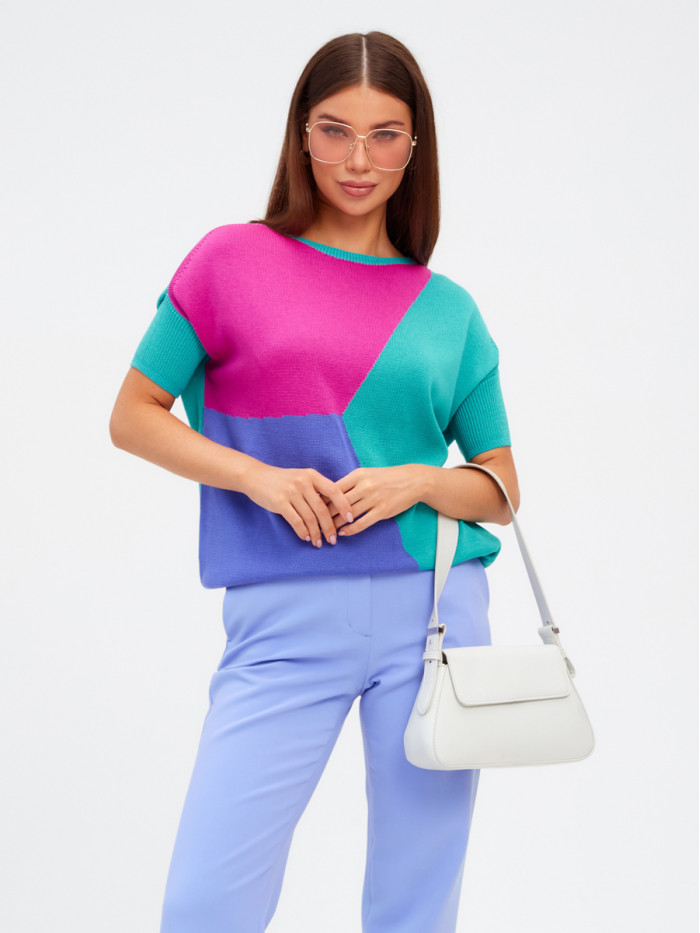 Джемпер с коротким рукавом бирюзового, фуксия, синего и лилового цвета ВТЛ-17