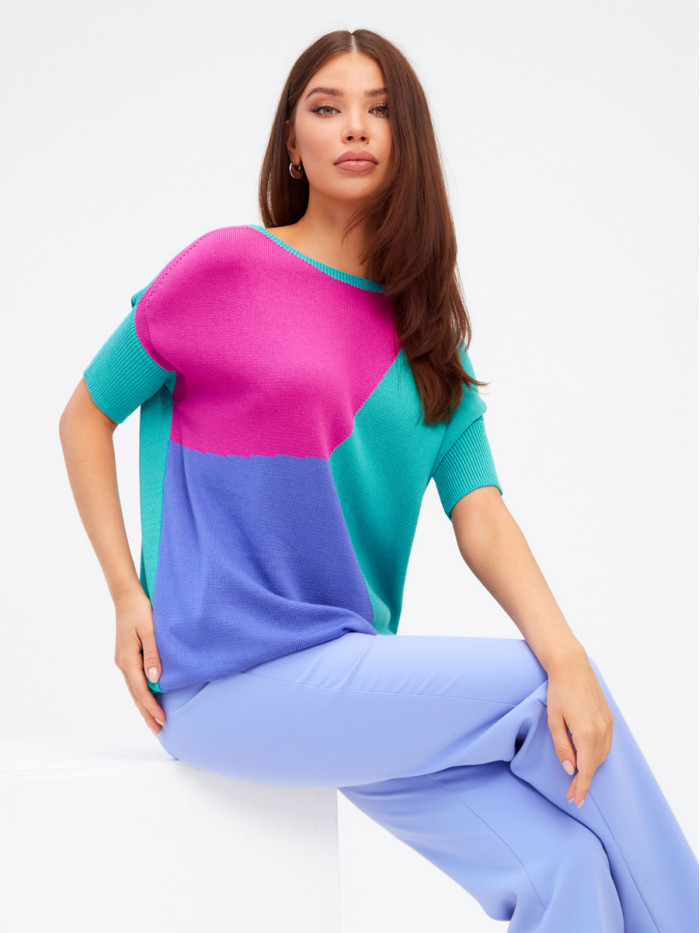 Джемпер с коротким рукавом бирюзового, фуксия, синего и лилового цвета ВТЛ-17