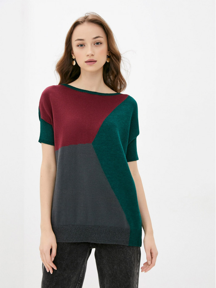 Джемпер с коротким рукавом изумрудного-винного-графитового цвета ВТЛ-17