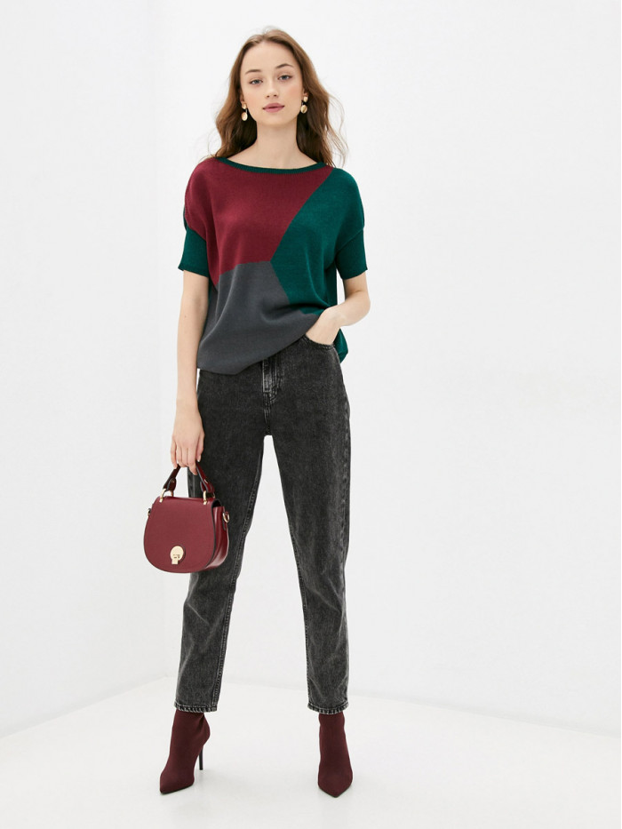 Джемпер с коротким рукавом изумрудного-винного-графитового цвета ВТЛ-17