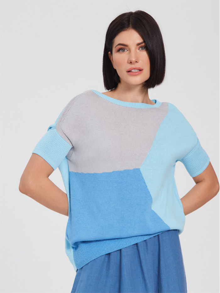 Джемпер с коротким рукавом цветовых вставок лазурного-светло-серого-голубого цвета ВТЛ-17
