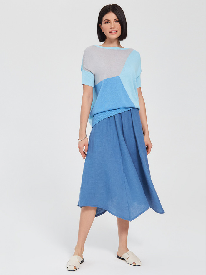 Джемпер с коротким рукавом цветовых вставок лазурного-светло-серого-голубого цвета ВТЛ-17