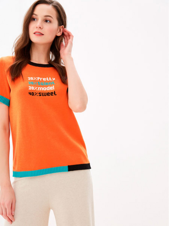 Футболка женская с принтом оранжевого-черного-бирюзового-белого цвета ВТЛ-19