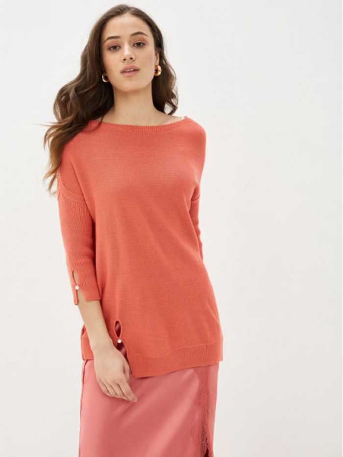 Удлиненная туника ассиметричного кроя персикового цвета ВТЛ-20