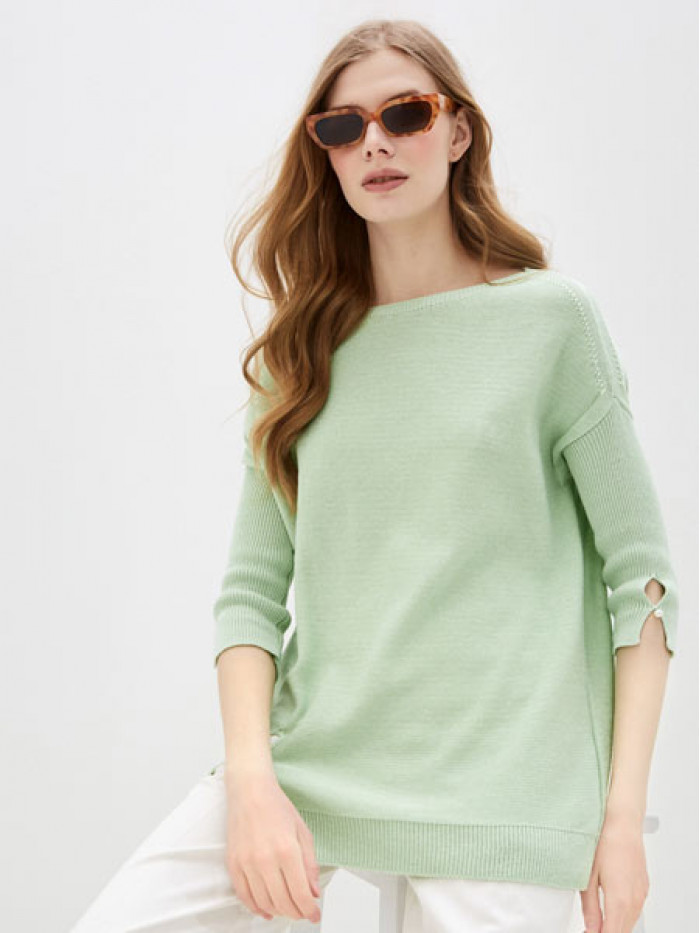 Удлиненная туника ассиметричного кроя салатового цвета ВТЛ-20