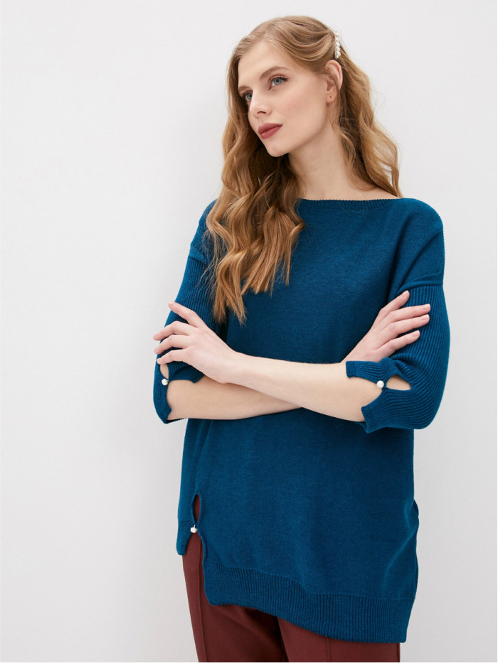 Удлиненная туника ассиметричного кроя сине-зеленого цвета ВТЛ-20