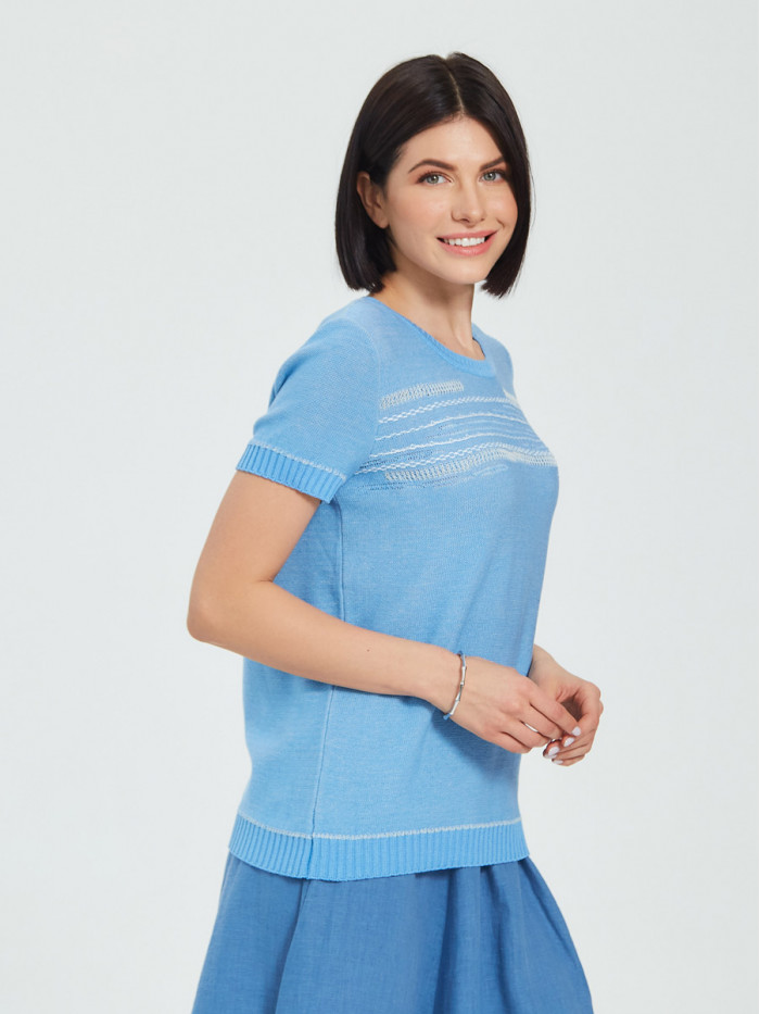 Легкий летний джемпер с коротким рукавом голубого-светло-бежевого-белого цвета ВТЛ-22