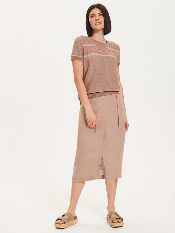 Легкий летний джемпер с коротким рукавом кофейно-бело-персикового цвета ВТЛ-22