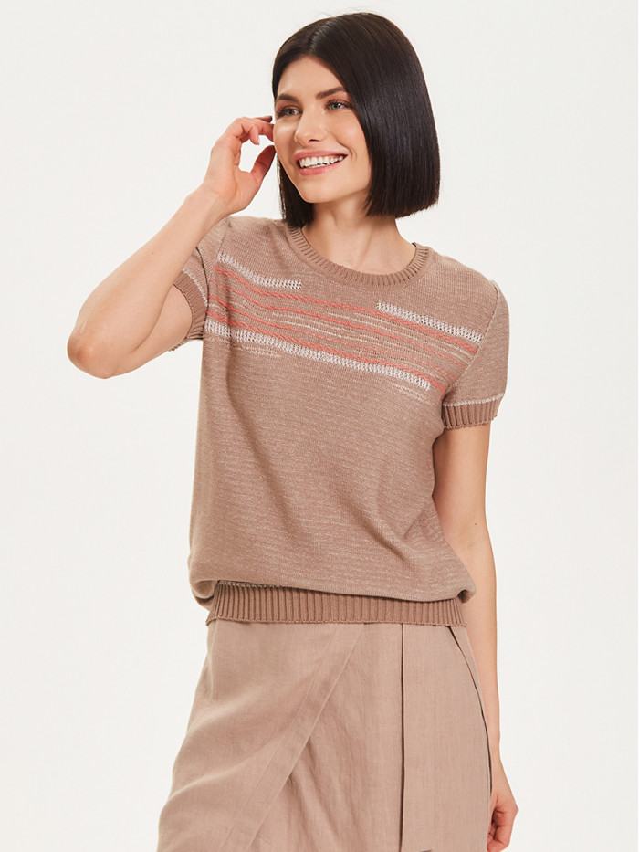 Легкий летний джемпер с коротким рукавом кофейно-бело-персикового цвета ВТЛ-22