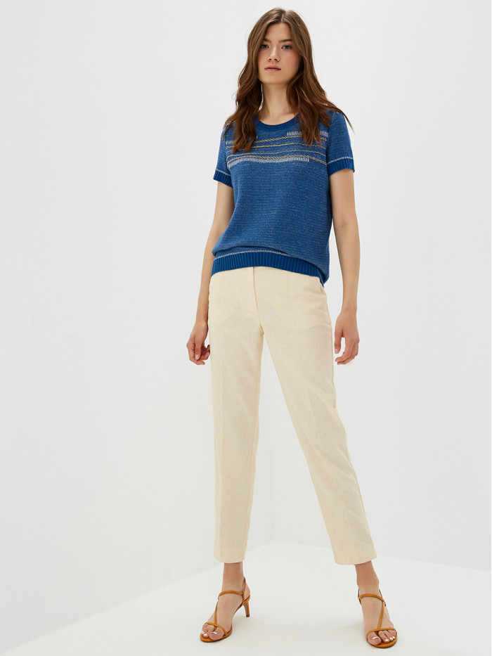 Легкий летний джемпер с коротким рукавом синего-светло-серого-горчичного цвета ВТЛ-22