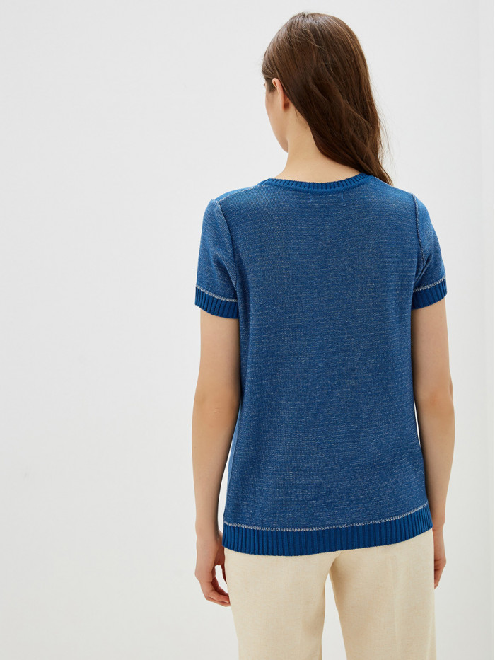 Легкий летний джемпер с коротким рукавом синего-светло-серого-горчичного цвета ВТЛ-22