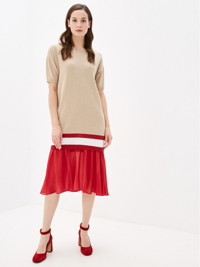 Летнее комбинированное платье бежевого, белого и красного цвета ВТЛ-25