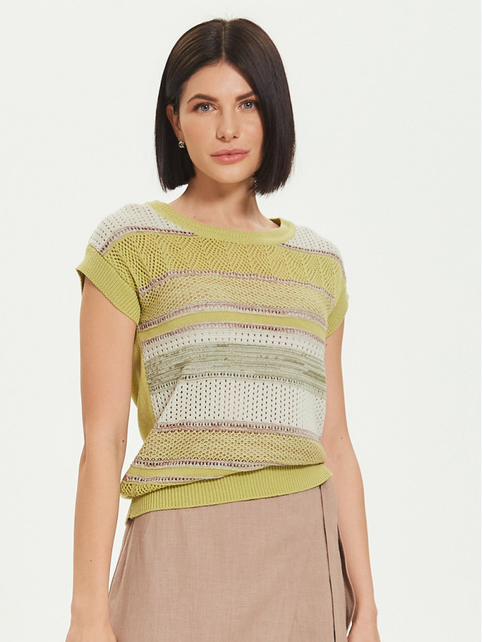 Легкий джемпер с коротким рукавом в полоску оливкового, слоновой кости и кофейного цвета ВТЛ-26