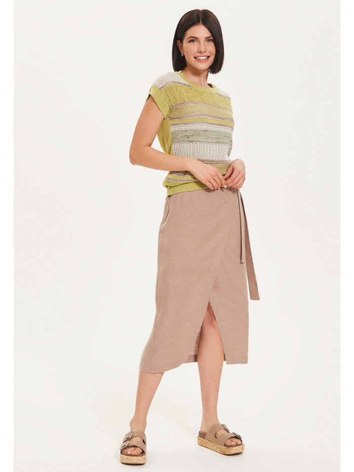 Легкий джемпер с коротким рукавом в полоску оливкового, слоновой кости и кофейного цвета ВТЛ-26