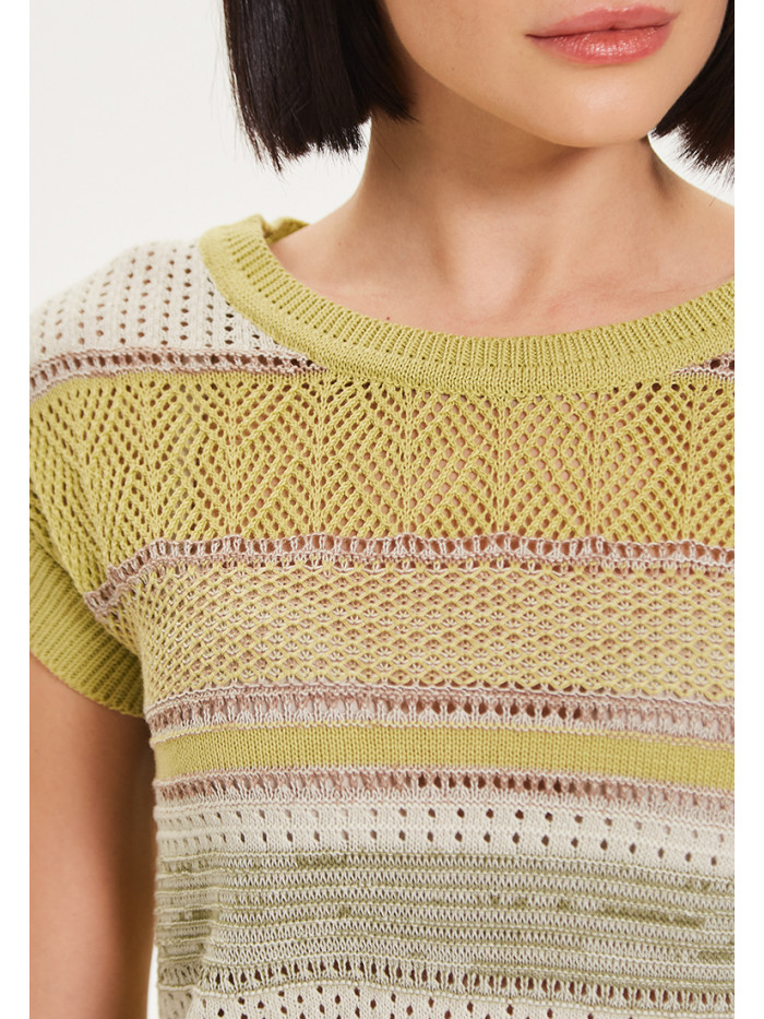 Легкий джемпер с коротким рукавом в полоску оливкового, слоновой кости и кофейного цвета ВТЛ-26