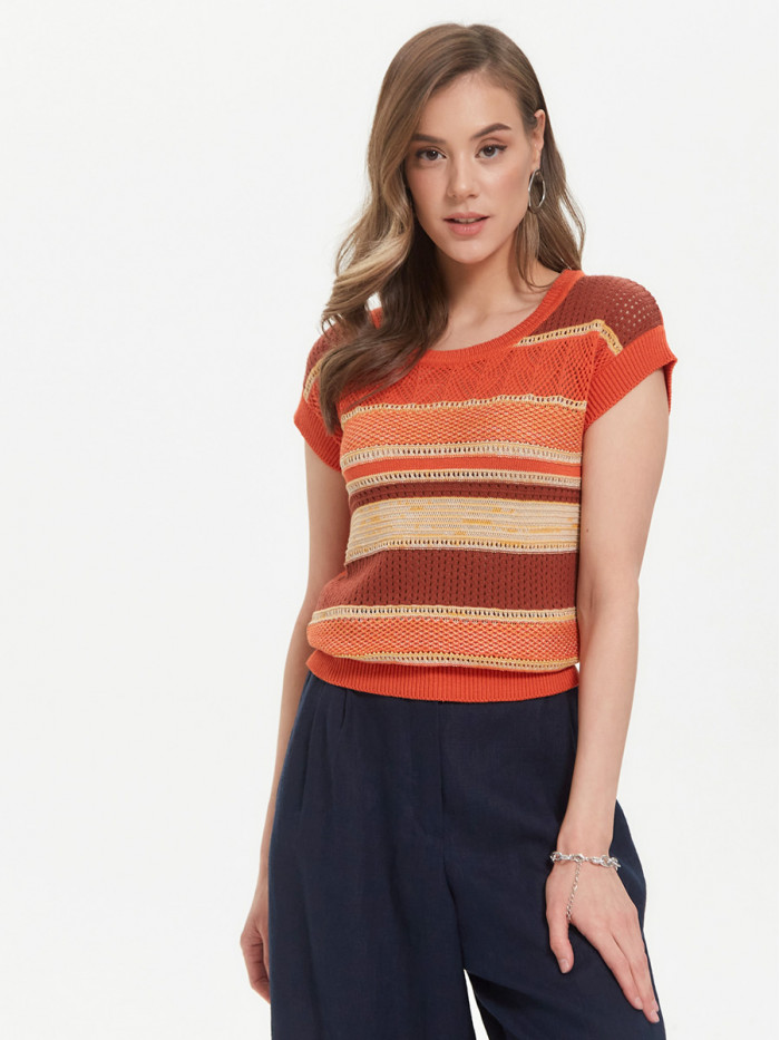 Легкий джемпер с коротким рукавом в полоску темно-оранжевого-терракотового-слоновой кости ВТЛ-26