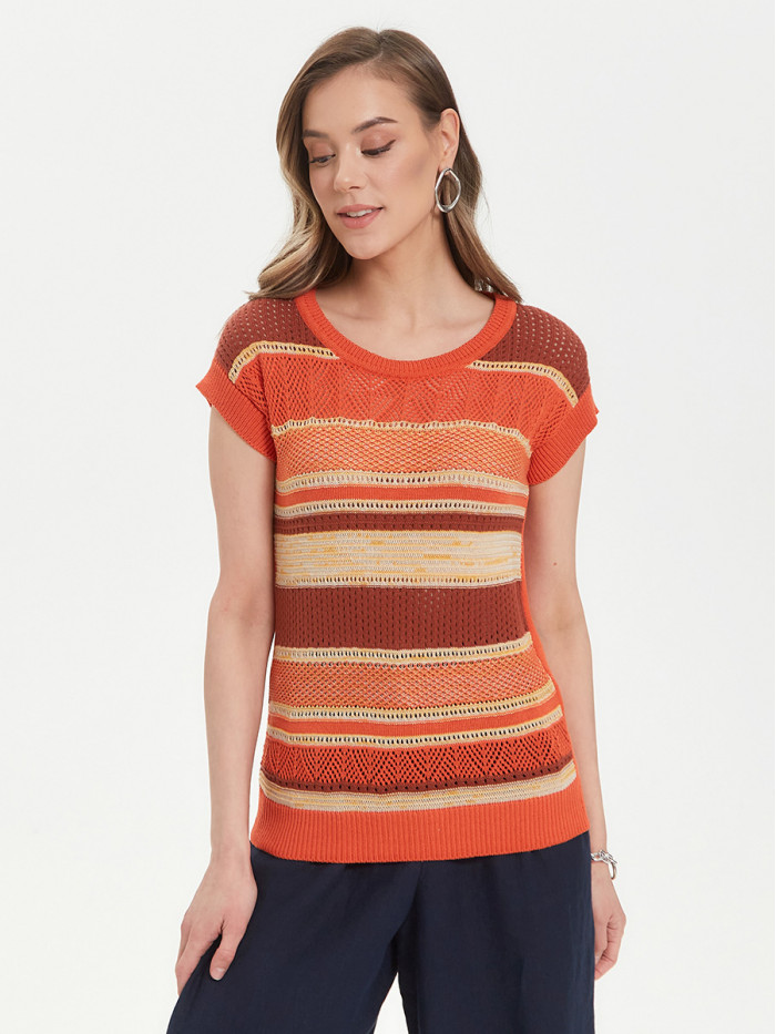 Легкий джемпер с коротким рукавом в полоску темно-оранжевого-терракотового-слоновой кости ВТЛ-26
