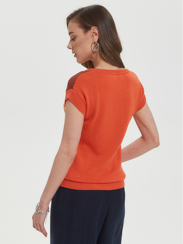 Легкий джемпер с коротким рукавом в полоску темно-оранжевого-терракотового-слоновой кости ВТЛ-26