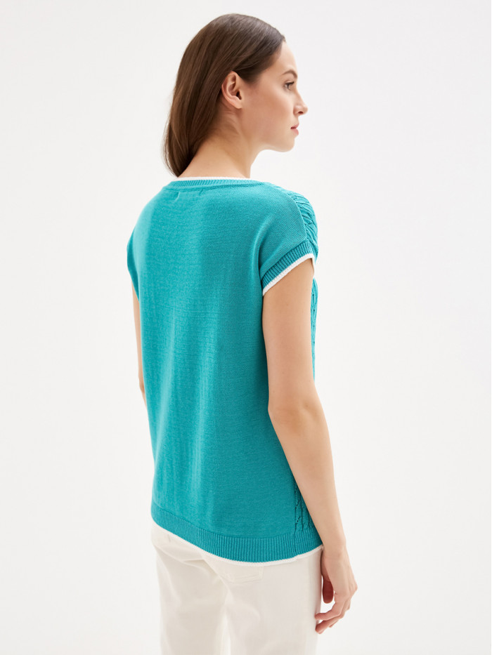 Яркий оригинальный джемпер бирюзово-белого цвета ВТЛ-27