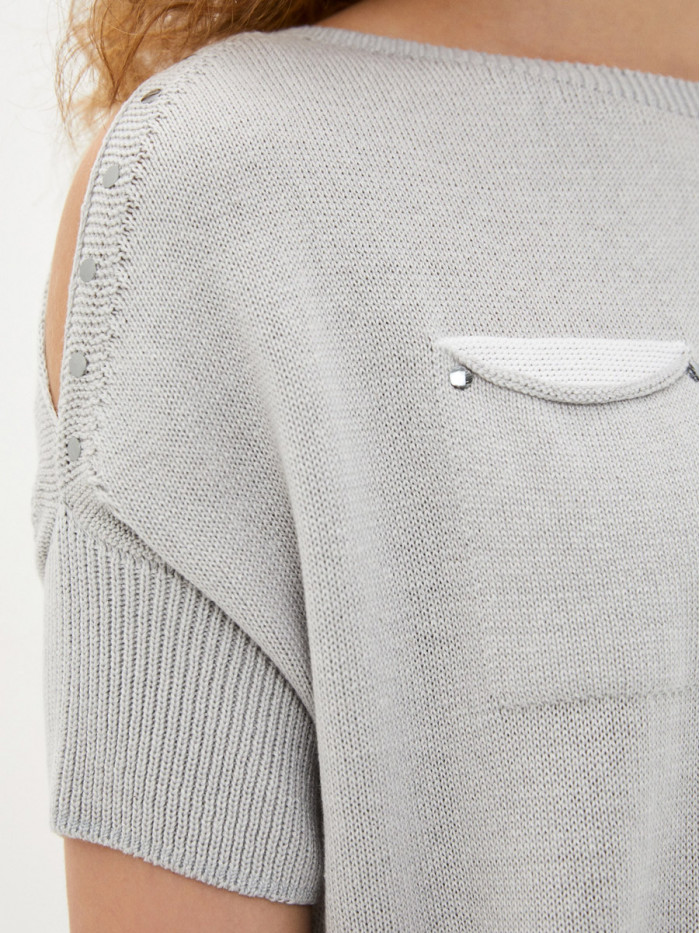 Джемпер женский летний прямого кроя светло-серого-белого цвета ВТЛ-32