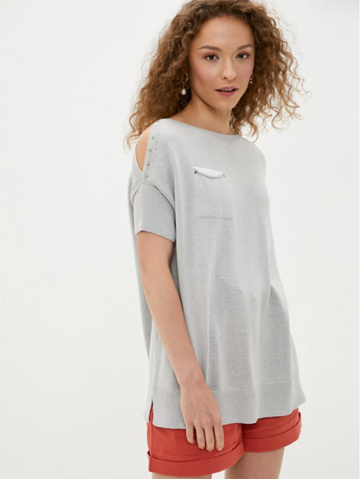 Джемпер женский летний прямого кроя светло-серого-белого цвета ВТЛ-32