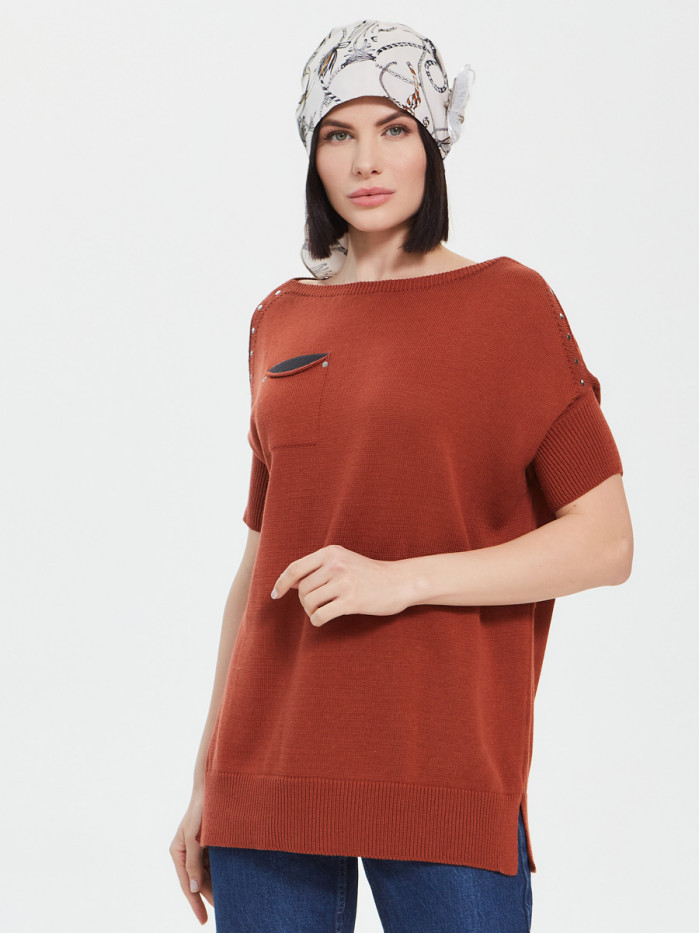 Джемпер женский летний прямого кроя терракотового-графитового цвета ВТЛ-32