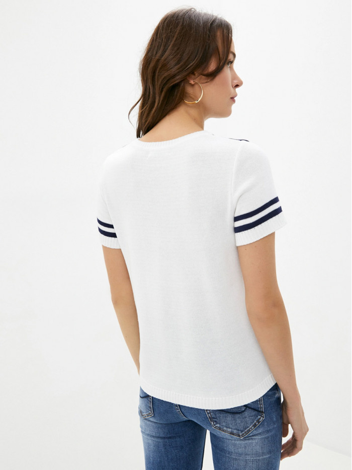 Яркий модный джемпер с короткими рукавами белого-темно-синего-красного цвета ВТЛ-33