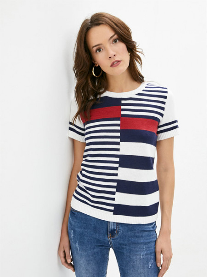 Яркий модный джемпер с короткими рукавами белого-темно-синего-красного цвета ВТЛ-33