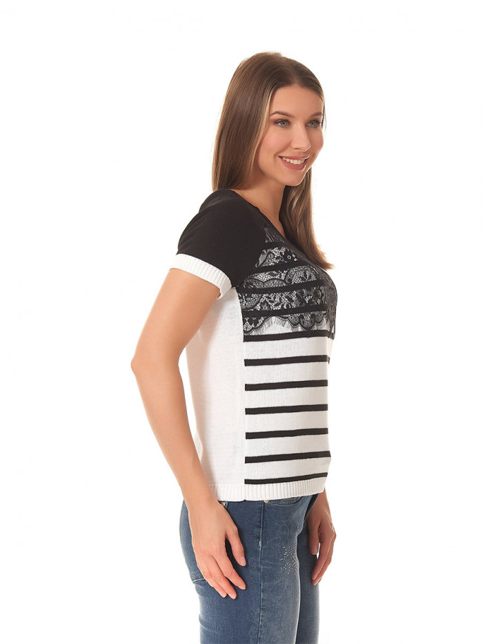 Джемпер с коротким рукавом и ажурной вставкой белого и черного цвета ВТЛ-35