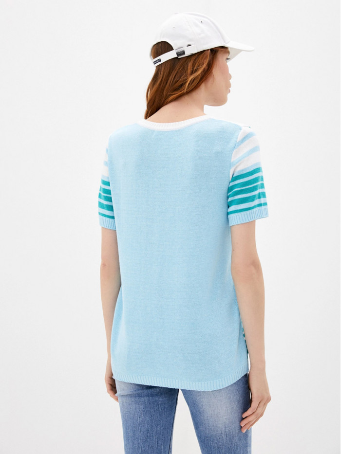 Легкий летний джемпер с коротким рукавом лазурного-бирюзового-белого цвета ВТЛ-37