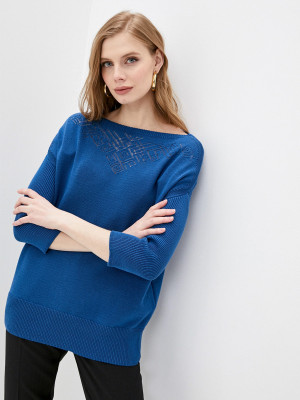 Женский джемпер с ажурной вязкой синего цвета ВТЛ-38
